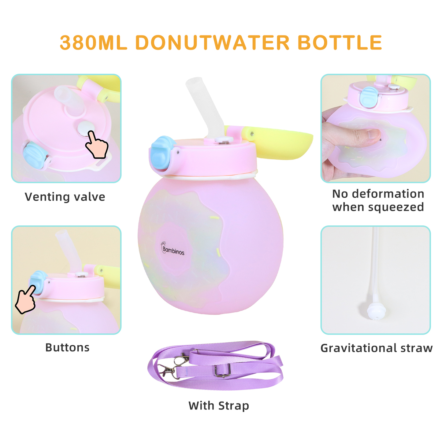 Bambinos Kids Donut Water Bottle Silicone Collapsible BPA-FREE