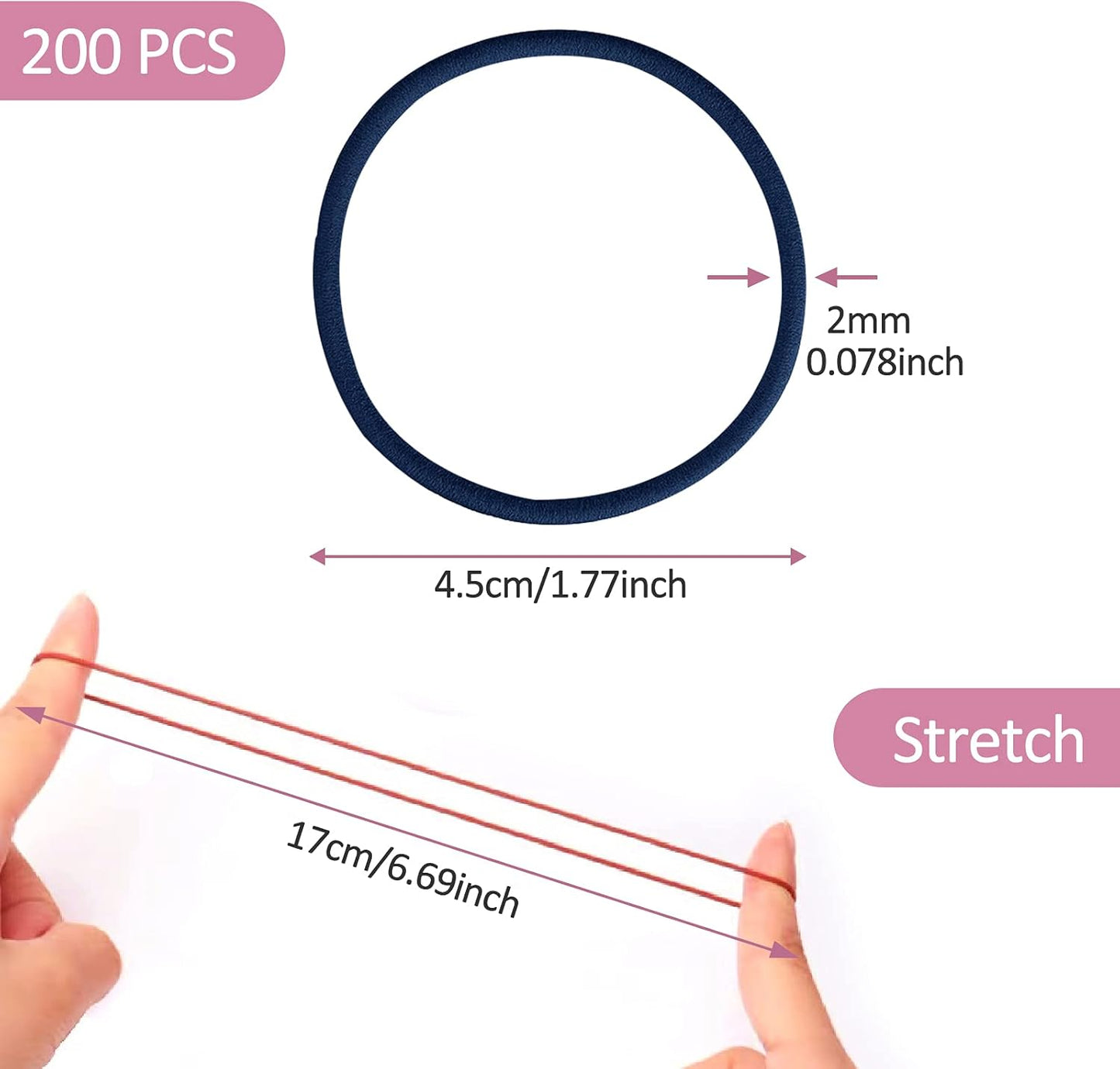 200 PCS Elastic Hair Bands - Multicolor - 2mm Thin
