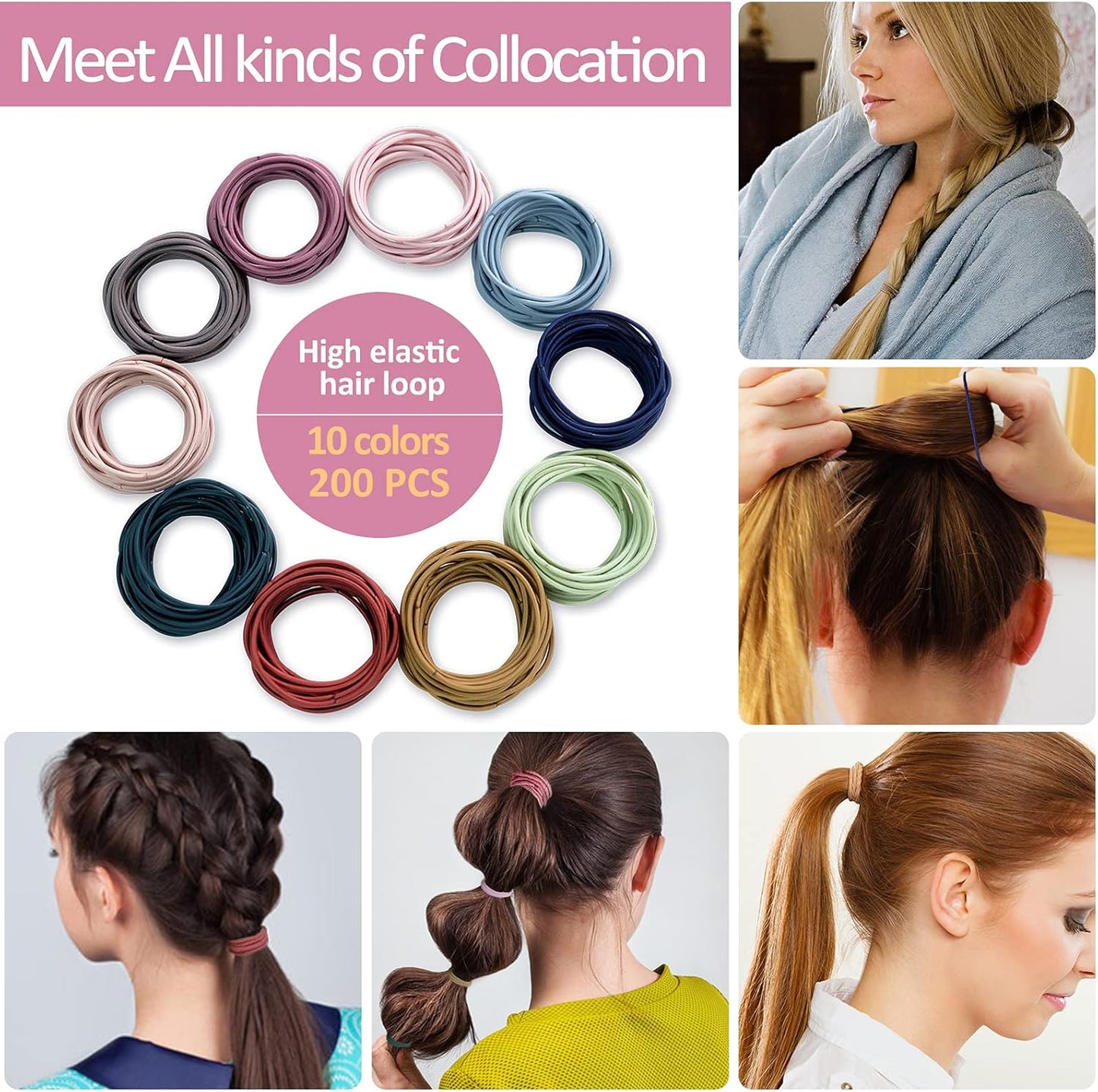 200 PCS Elastic Hair Bands - Multicolor - 2mm Thin