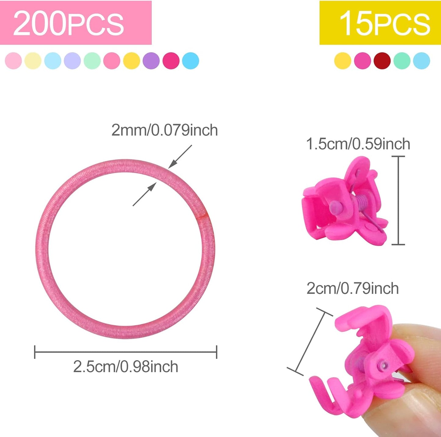 200 Hair Ties, Multicolor Elastic Hair Bands n Ponytail Holders with 15Pcs.