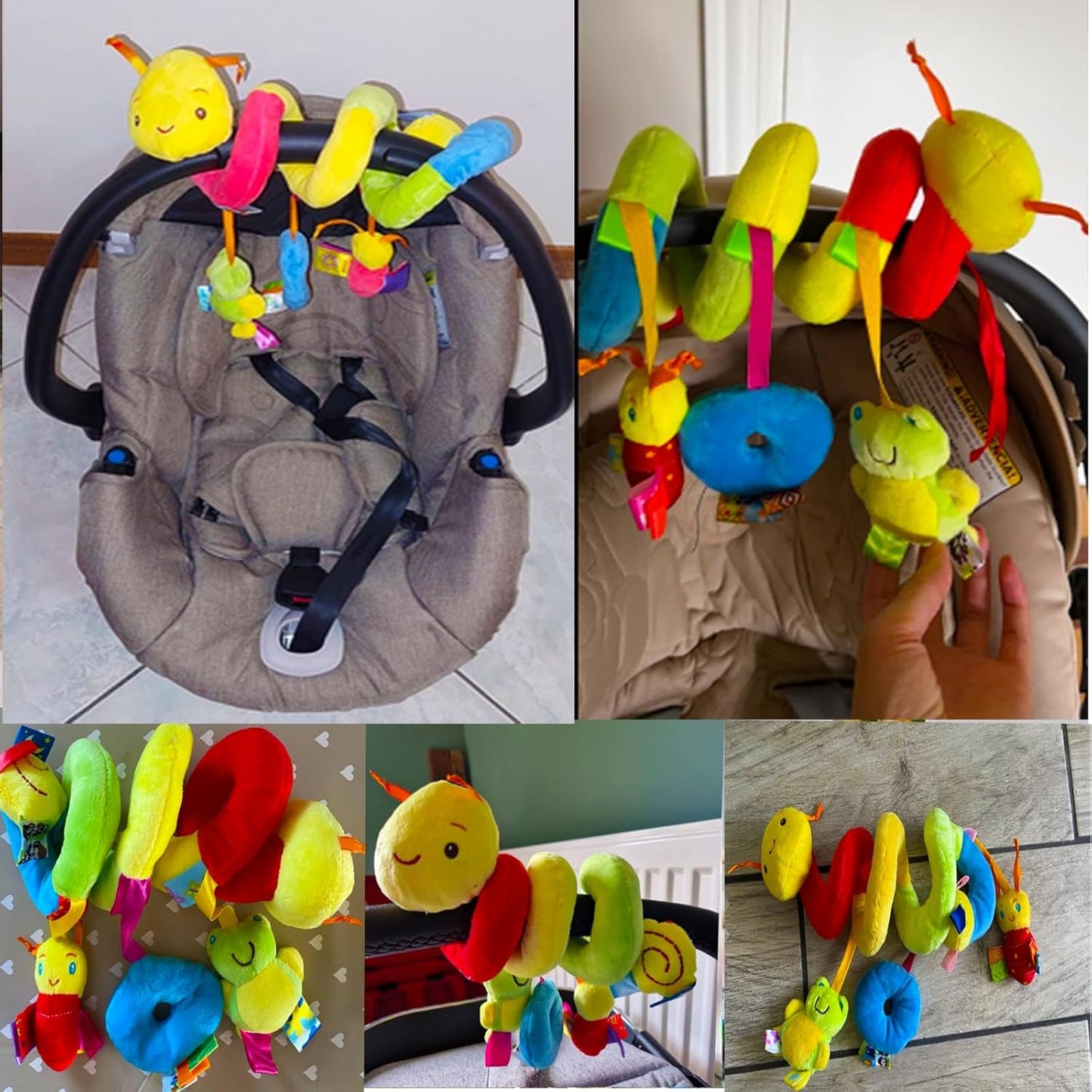 Colorful baby toy with caterpillar design attached to a stroller.