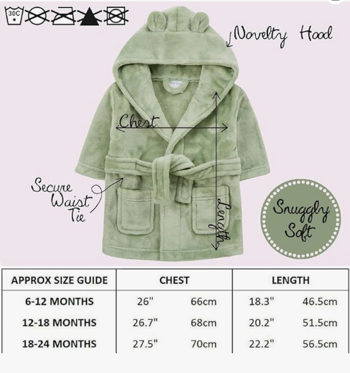 Baby Dressing Gown Unisex Soft Plush Fleece Hooded Teddy Ears 0-24 Month