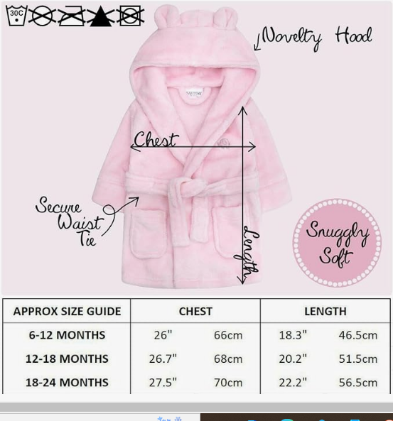 Baby Dressing Gown Unisex Soft Plush Fleece Hooded Teddy Ears 0-24 Month