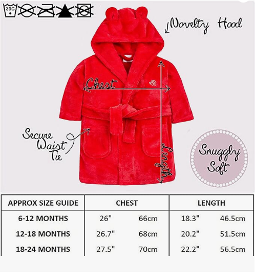 Baby Dressing Gown Unisex Soft Plush Fleece Hooded Teddy Ears 0-24 Month
