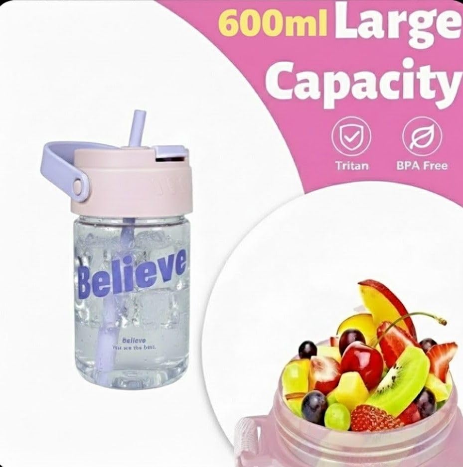 600ml Kids Water Bottle-BPA Free, Motivational Canteen With Time Marking, Leakproof Large Sport Drink Bottle