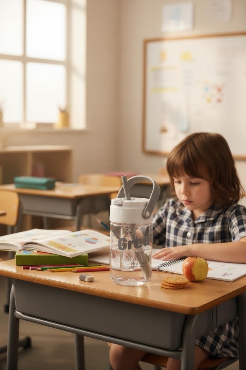 600ml Kids Water Bottle-BPA Free, Motivational Canteen With Time Marking, Leakproof Large Sport Drink Bottle
