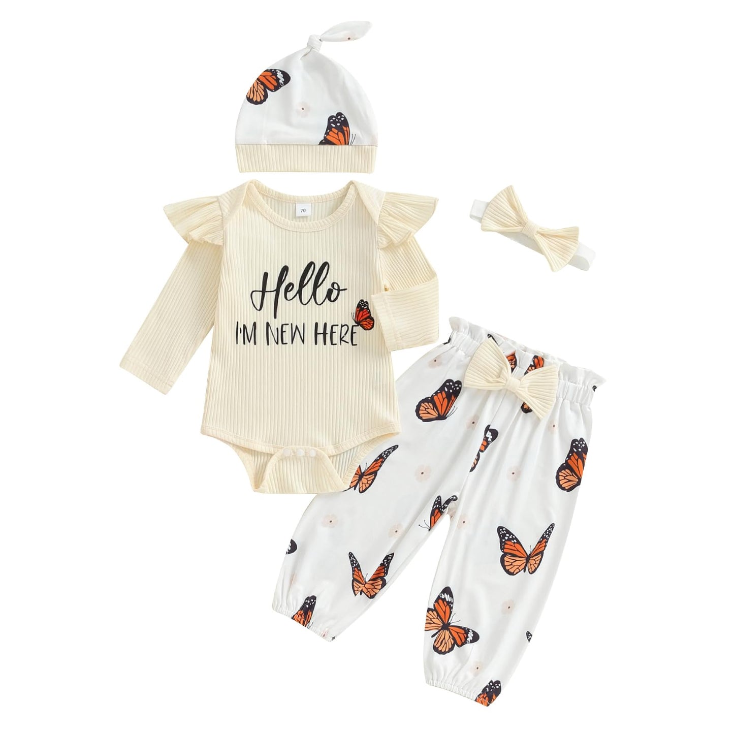 4pcs Outfits Set Long Sleeve Romper Top Bow Print Trousers Hat Headband