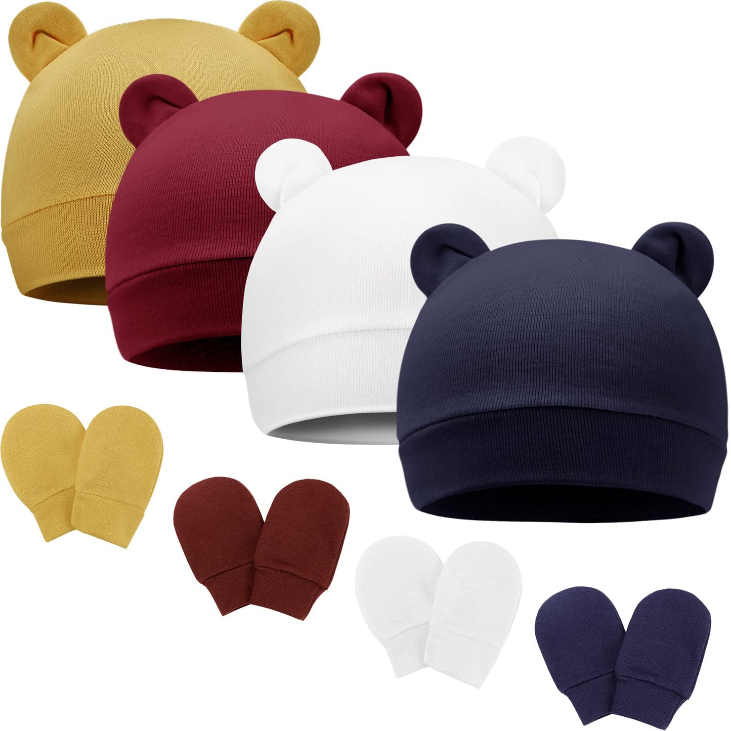 4 Set Baby Beanie Hat + Gloves (0-6 Months)