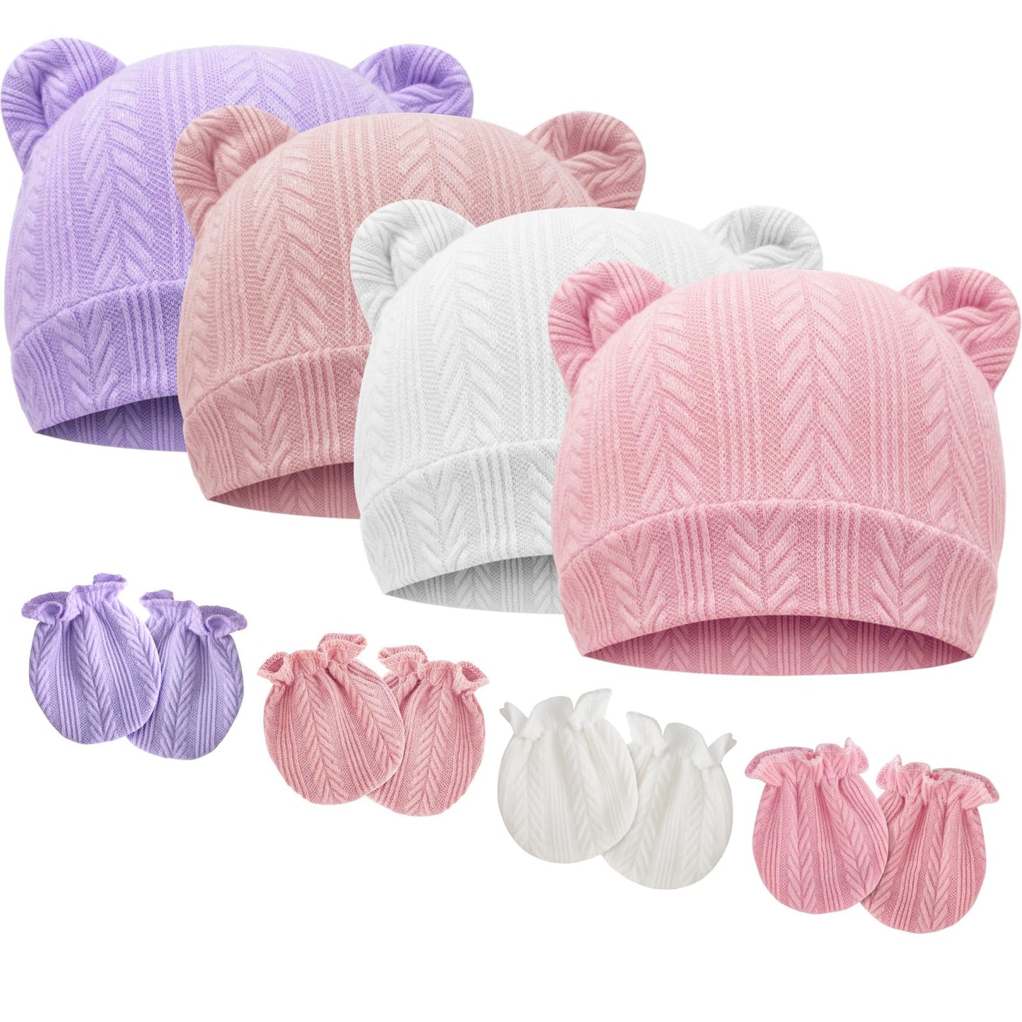 4 Set Baby Beanie Hat + Gloves (0-6 Months)