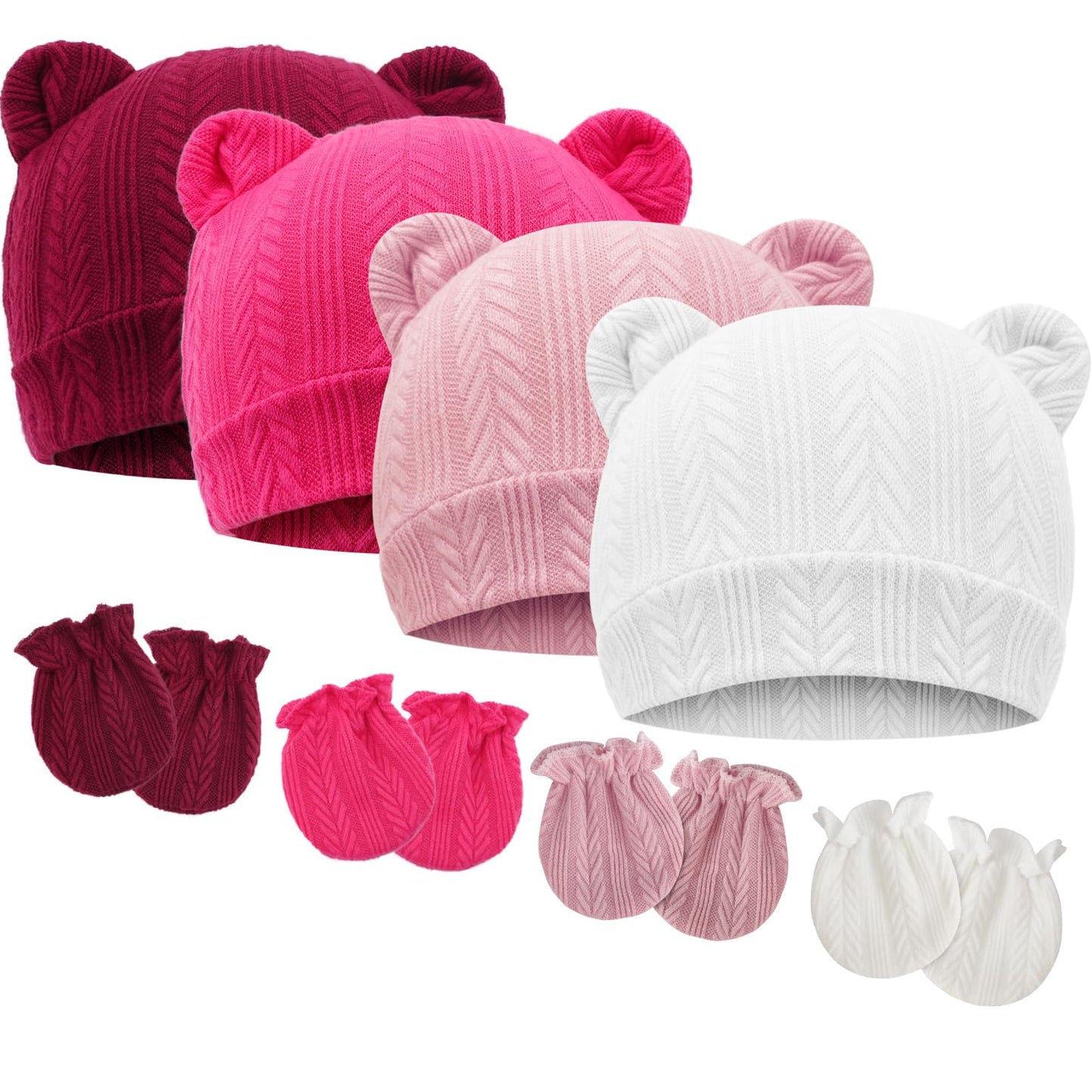 4 Set Baby Beanie Hat + Gloves (0-6 Months)