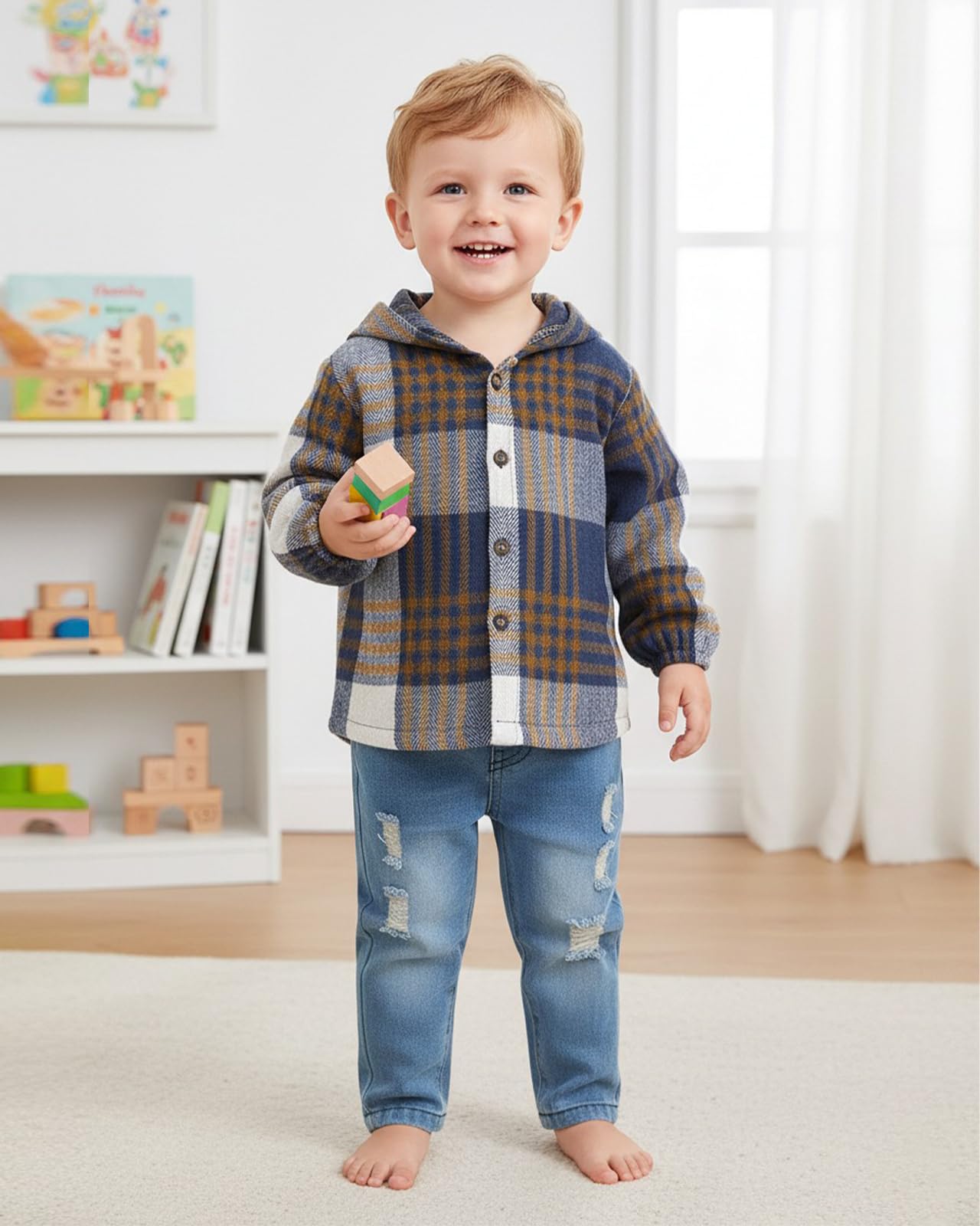 Boys Outfits Infant Long Sleeve Hoodies Plaid Tops Denim