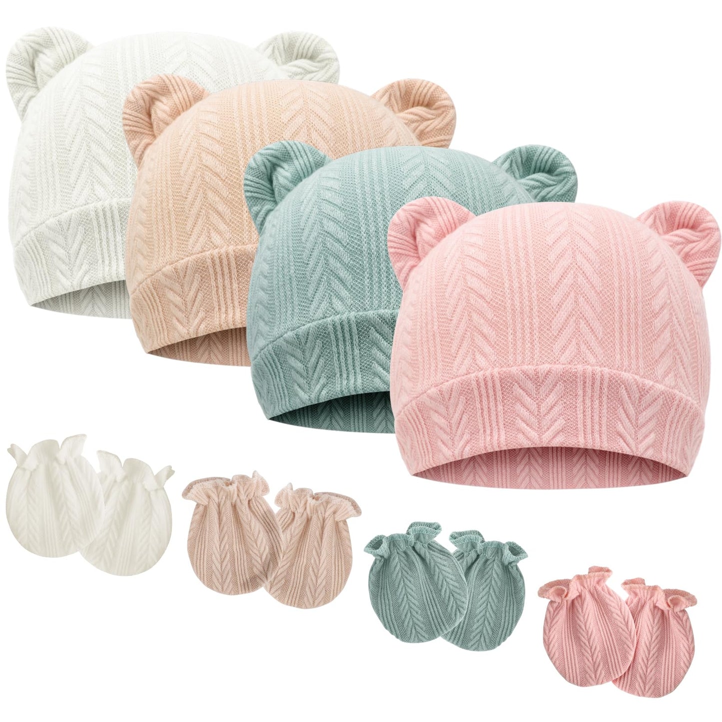 4 Set Baby Beanie Hat + Gloves (0-6 Months)