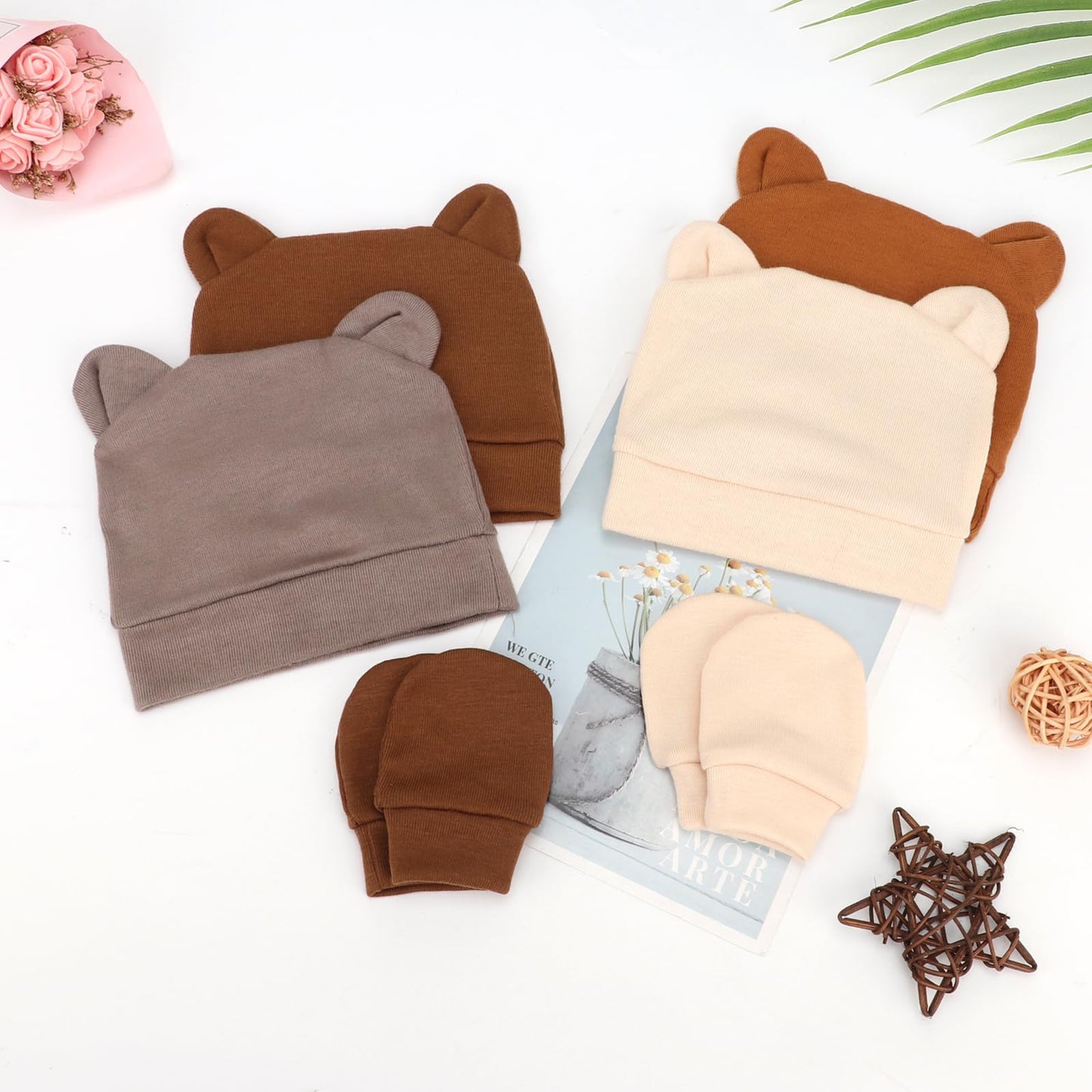 4 Set Baby Beanie Hat + Gloves (0-6 Months)