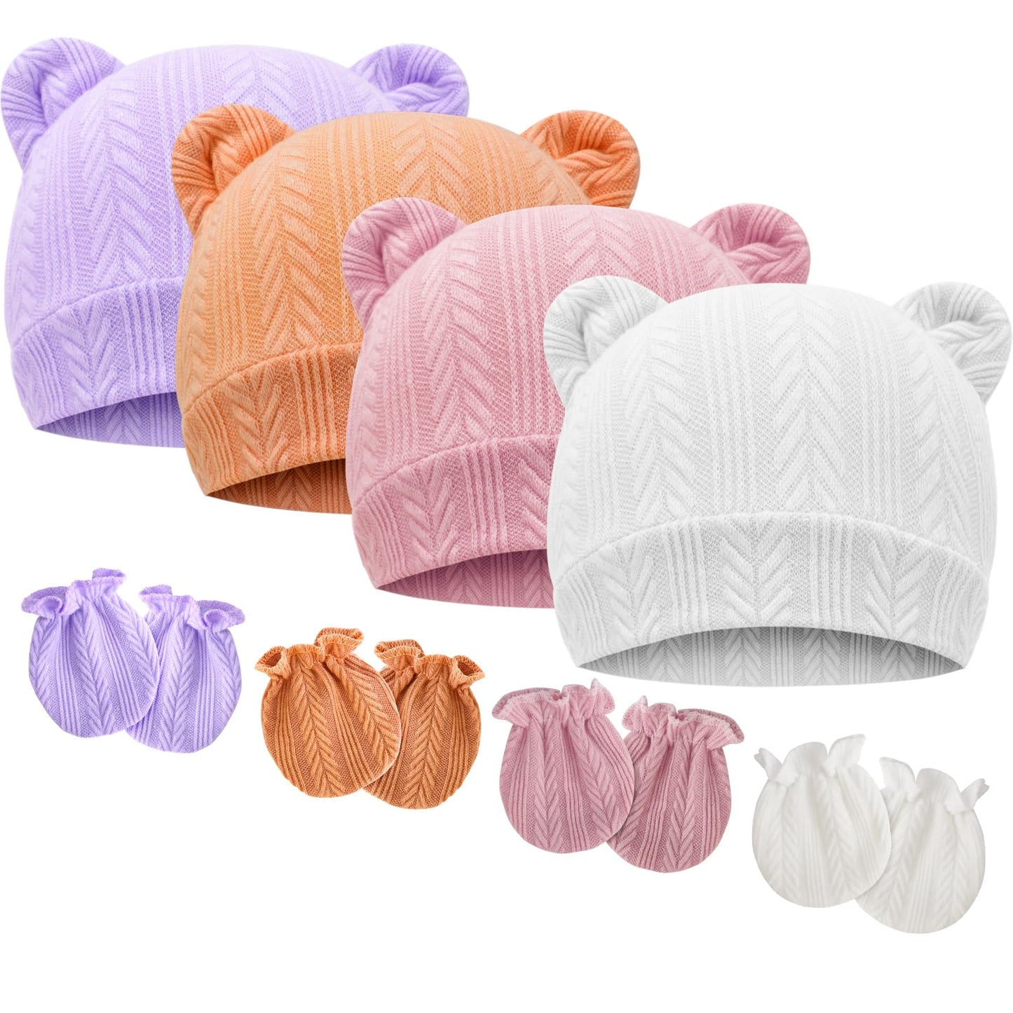 4 Set Baby Beanie Hat + Gloves (0-6 Months)