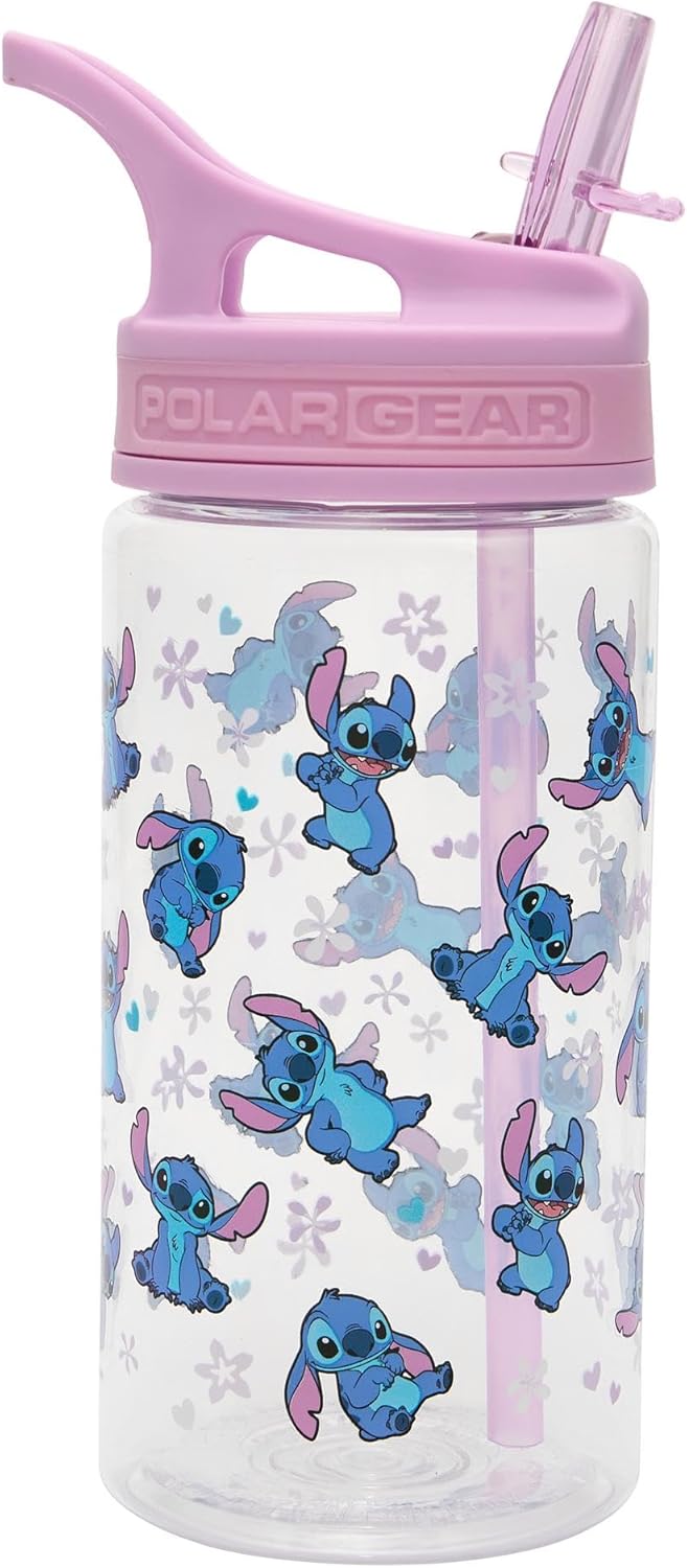 Disney Stitch Kids Water Bottles with Straw - 400ml BPA-Free Kids Drinks Bottle with Carry Handle - School Water Bottle with Removable Straw