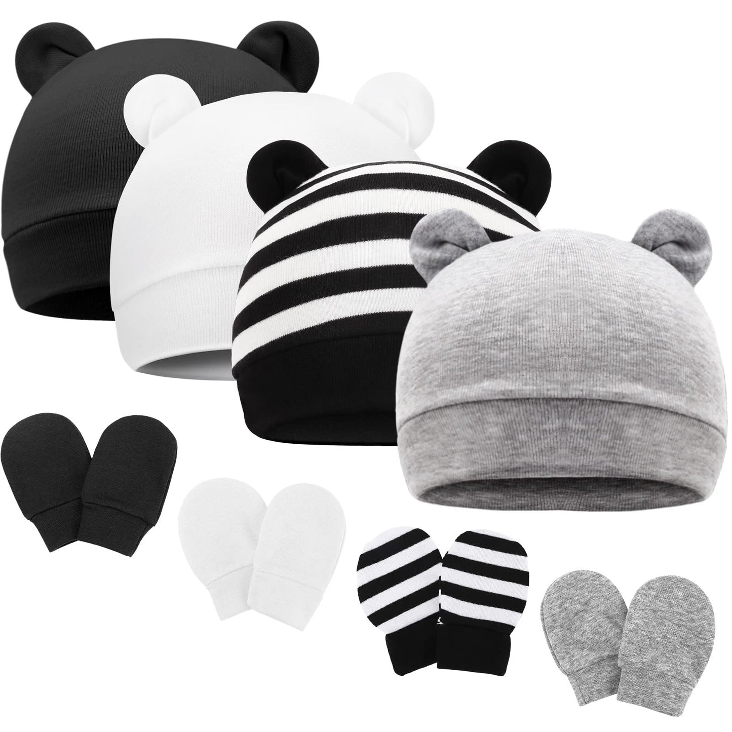 4 Set Baby Beanie Hat + Gloves (0-6 Months)