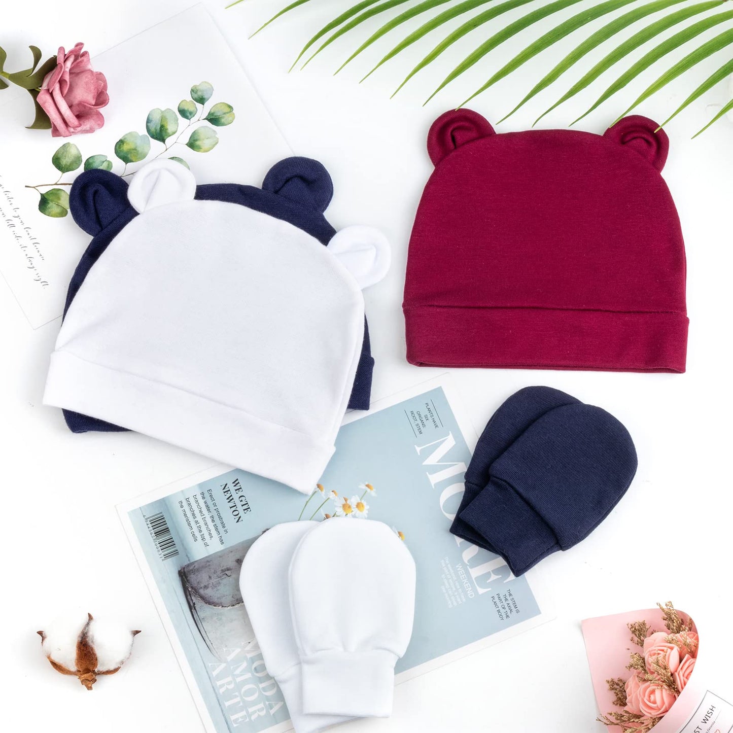 4 Set Baby Beanie Hat + Gloves (0-6 Months)