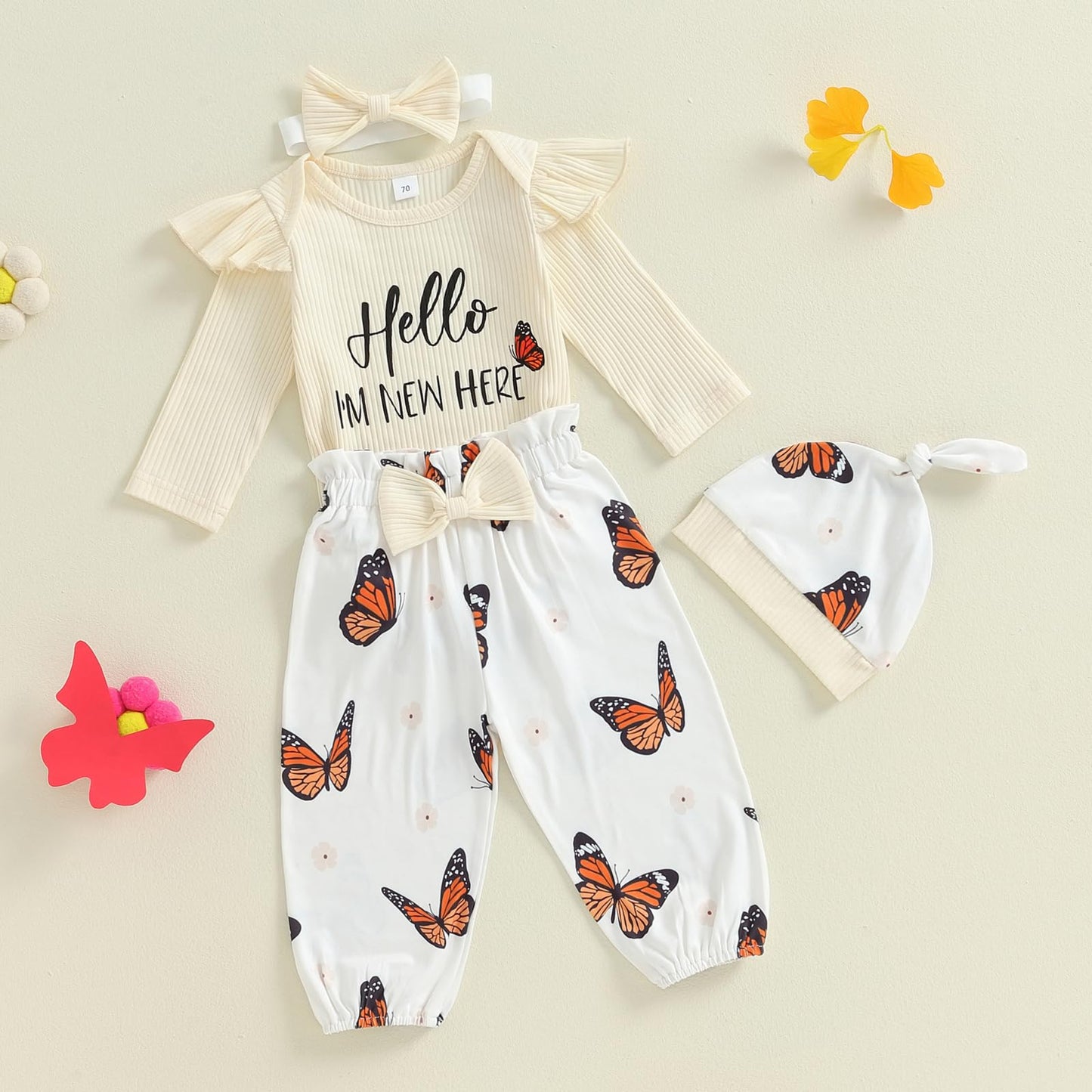 4pcs Outfits Set Long Sleeve Romper Top Bow Print Trousers Hat Headband