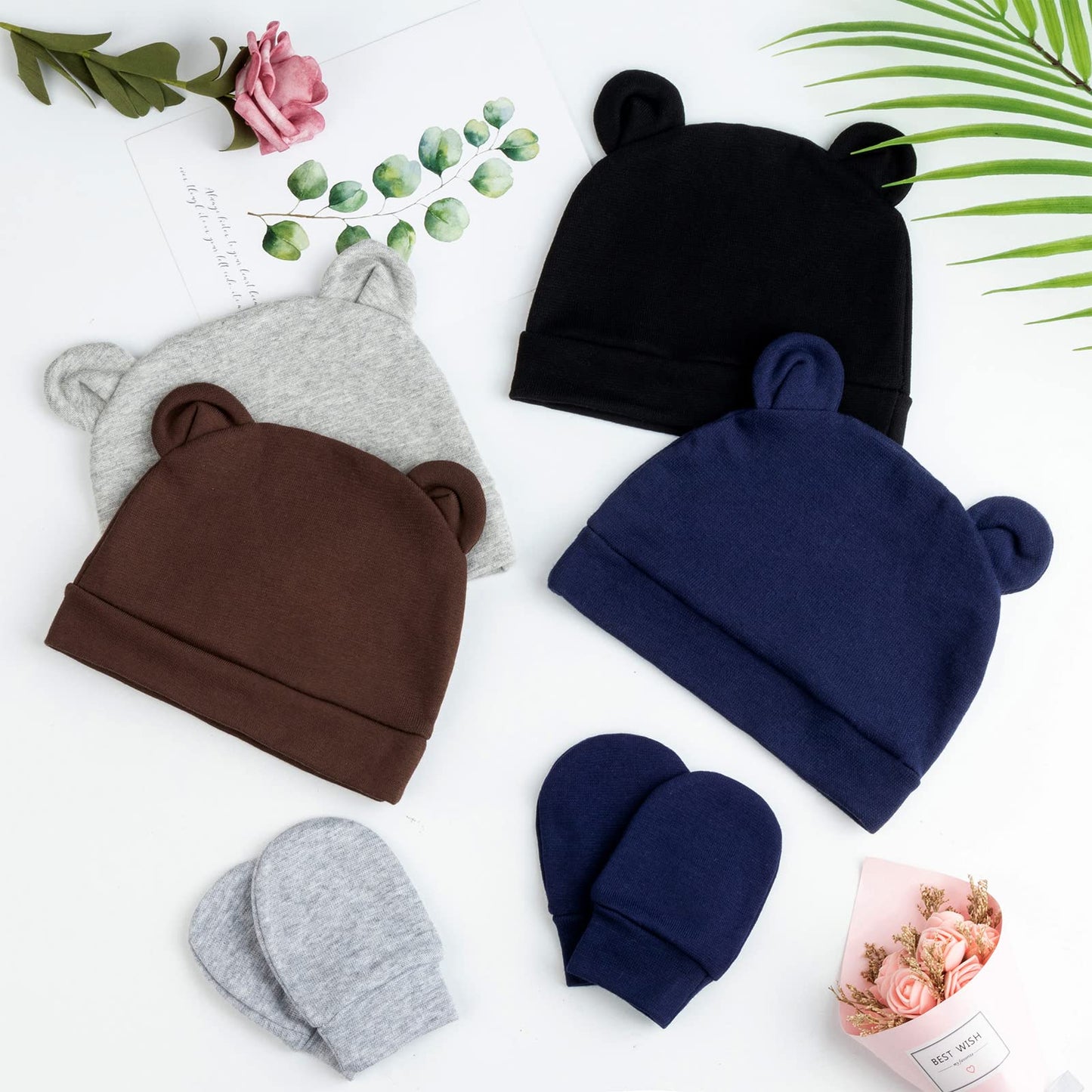 4 Set Baby Beanie Hat + Gloves (0-6 Months)