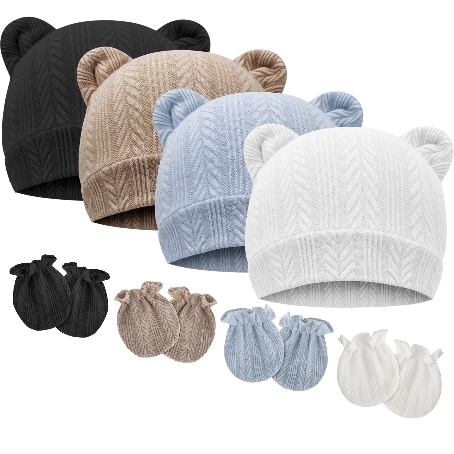 4 Set Baby Beanie Hat + Gloves (0-6 Months)
