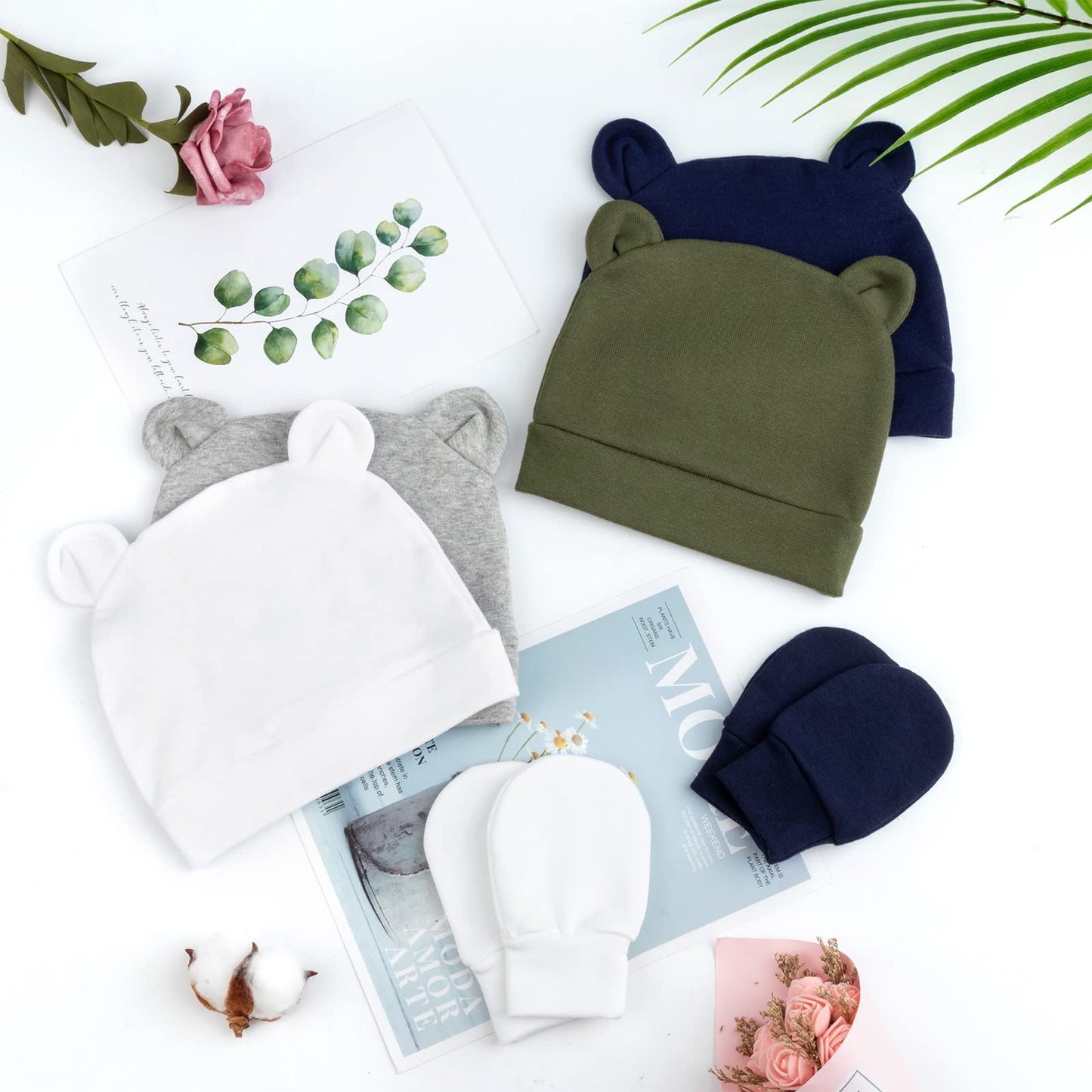 4 Set Baby Beanie Hat + Gloves (0-6 Months)