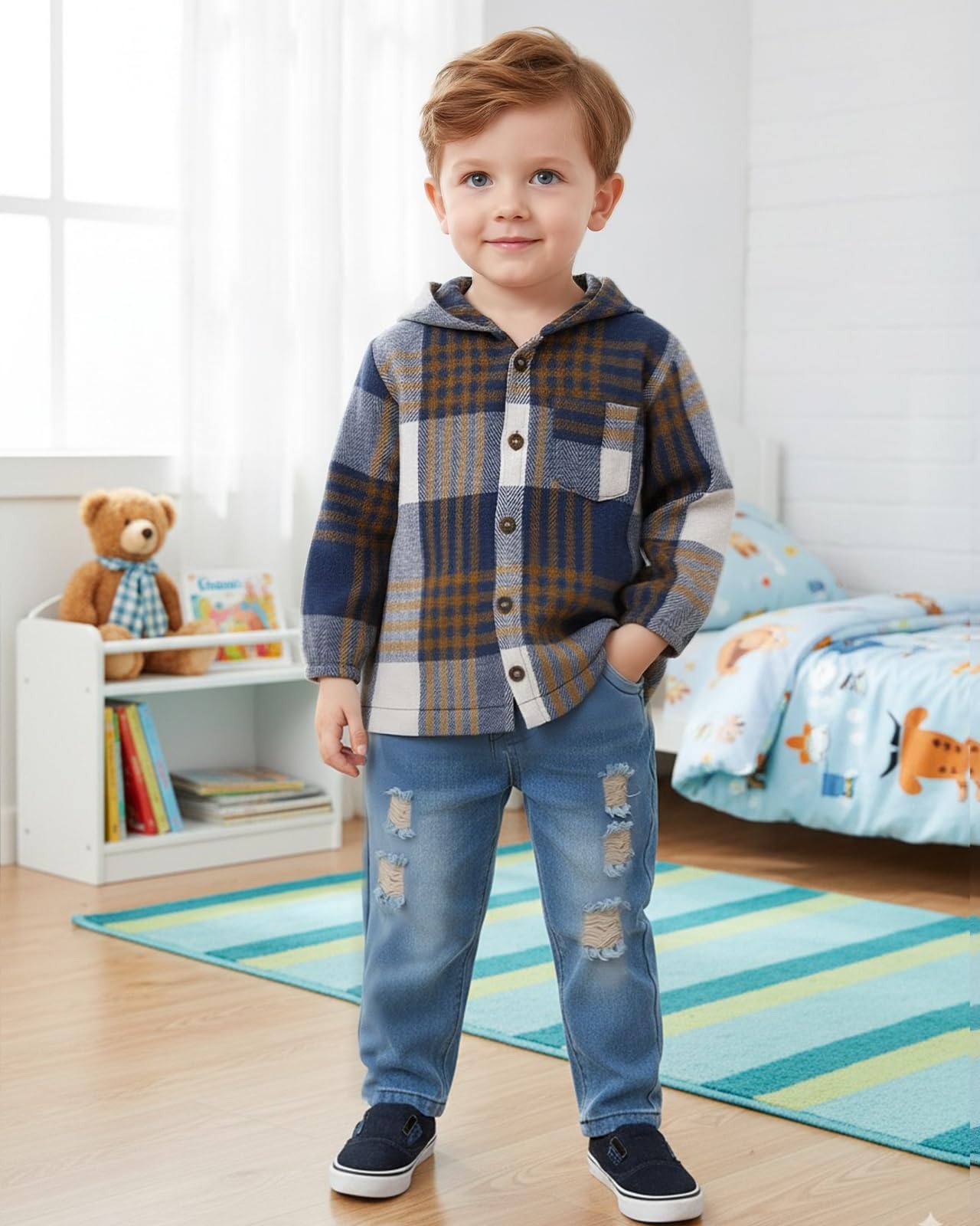Boys Outfits Infant Long Sleeve Hoodies Plaid Tops Denim