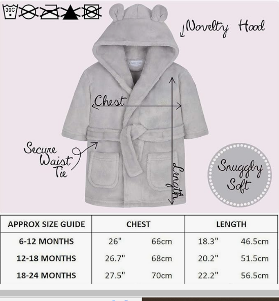 Baby Dressing Gown Unisex Soft Plush Fleece Hooded Teddy Ears 0-24 Month