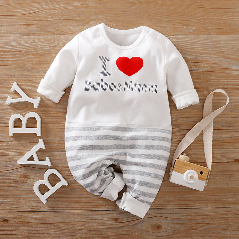White and Grey striped Baby Romper with a Red heart