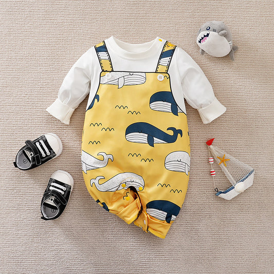 Yellow and White  Whale Print Babysuit Romper