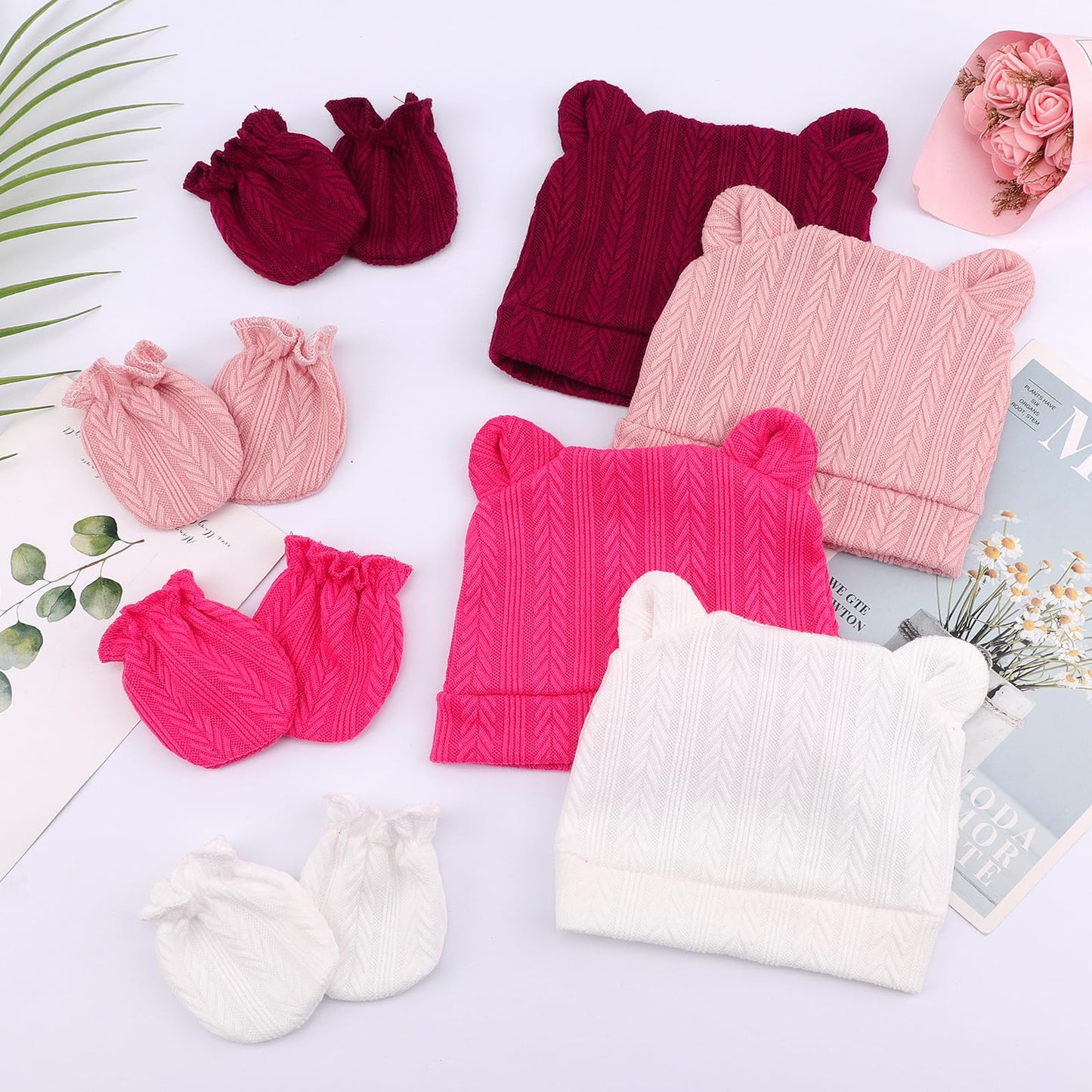 4 Set Baby Beanie Hat + Gloves (0-6 Months)