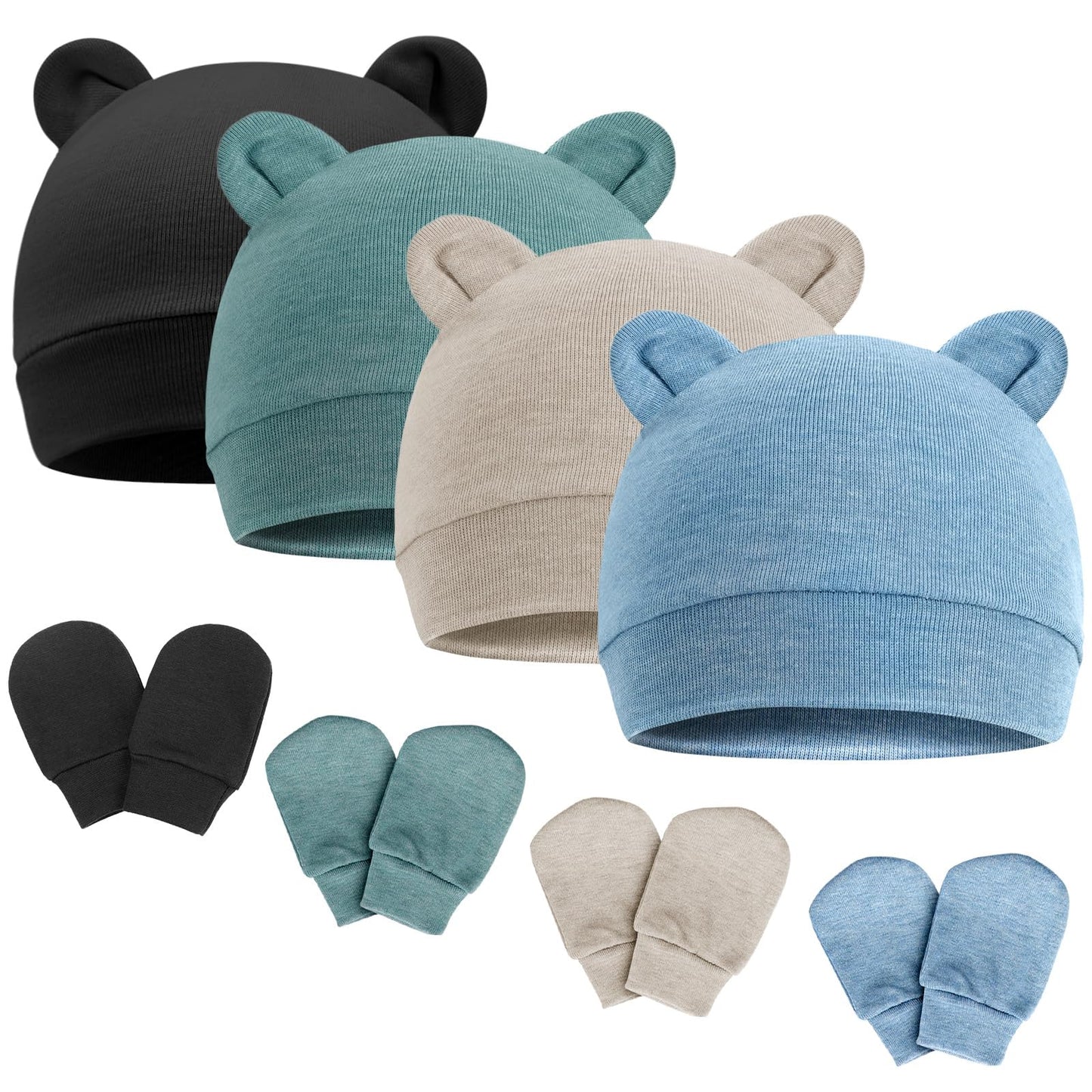 4 Set Baby Beanie Hat + Gloves (0-6 Months)