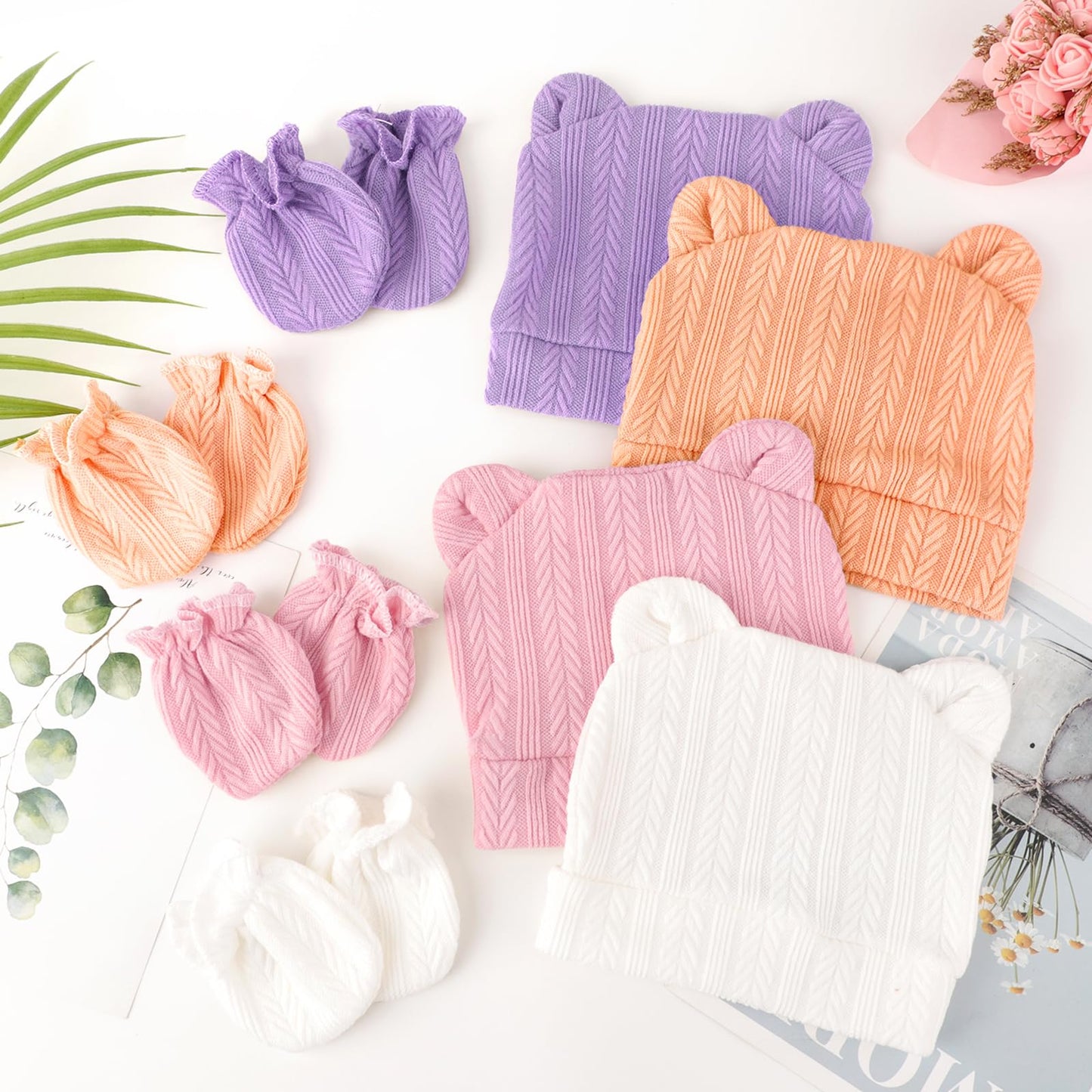 4 Set Baby Beanie Hat + Gloves (0-6 Months)