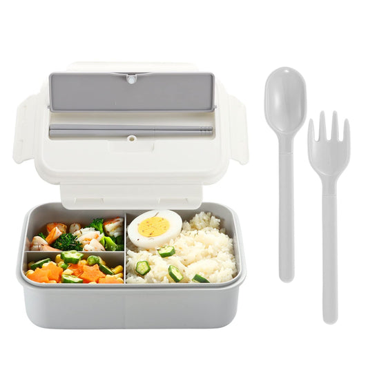 Bento lunch box for kids and adults with 3 compartments and reusable cutlery
