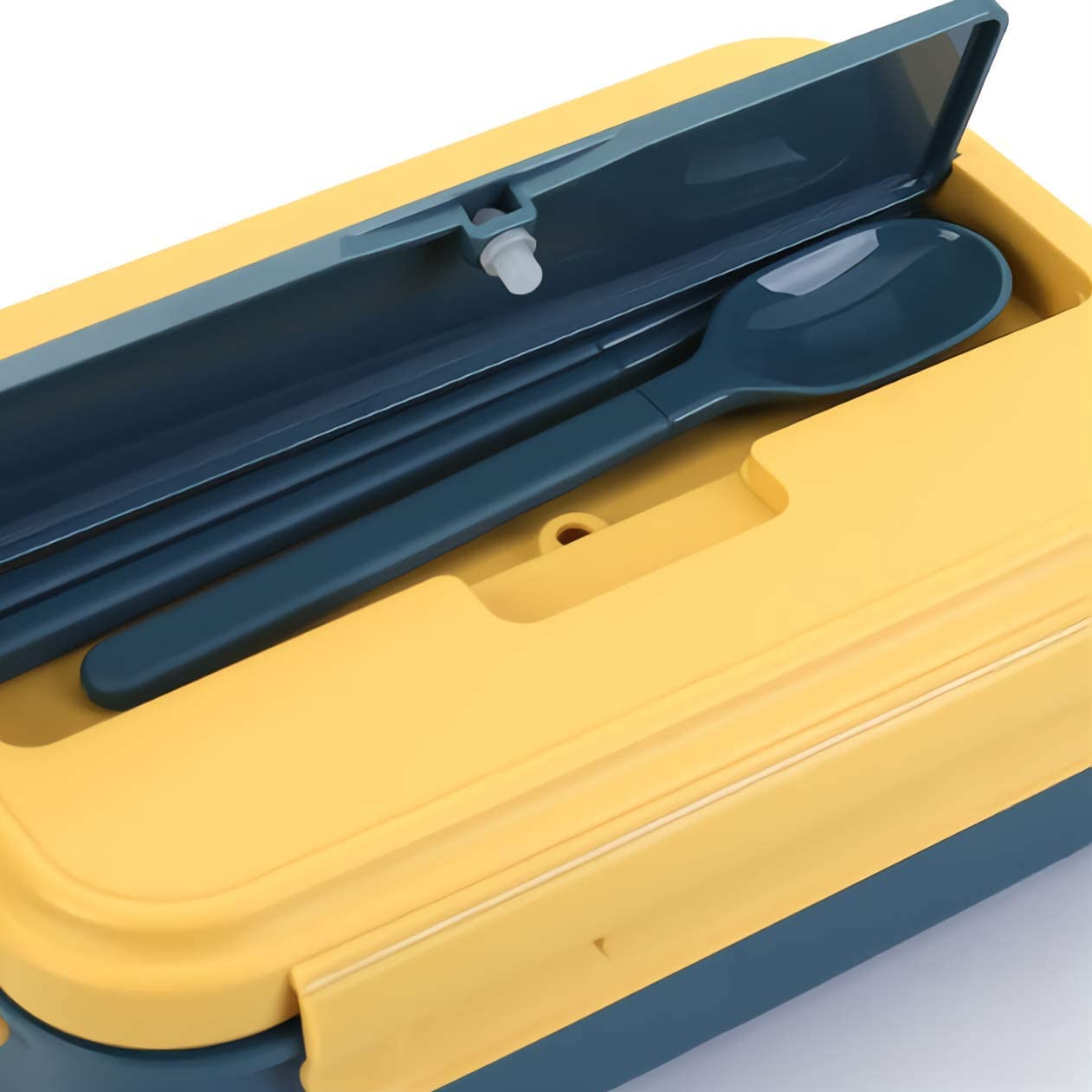 Blue and yellow bento box for kids with portable food storage design