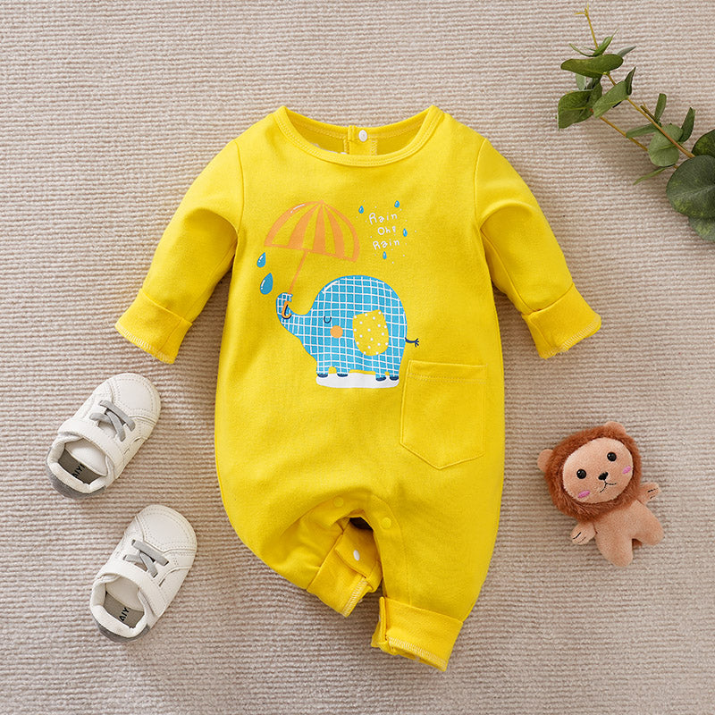 Baby Unisex Yellow Elephant Romper – Cute Long Sleeve Cotton Sleepsuit with Pocket | Multiple Sizes & Variants