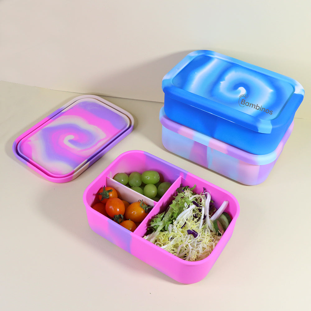 Reusable silicone lunch box in pink purple and blue