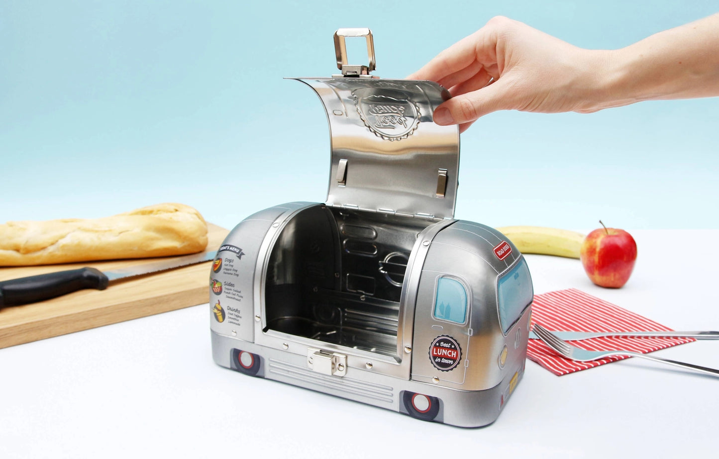 Tin food truck lunch box with carry handle and front clasp