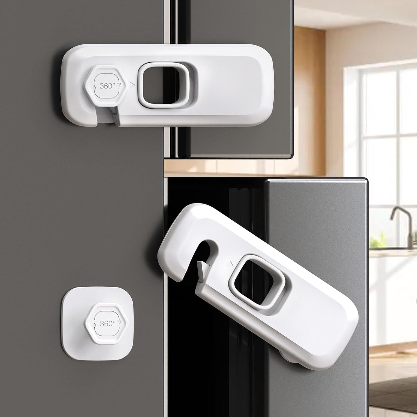 baby proof fridge safety locks installed on kitchen refrigerator