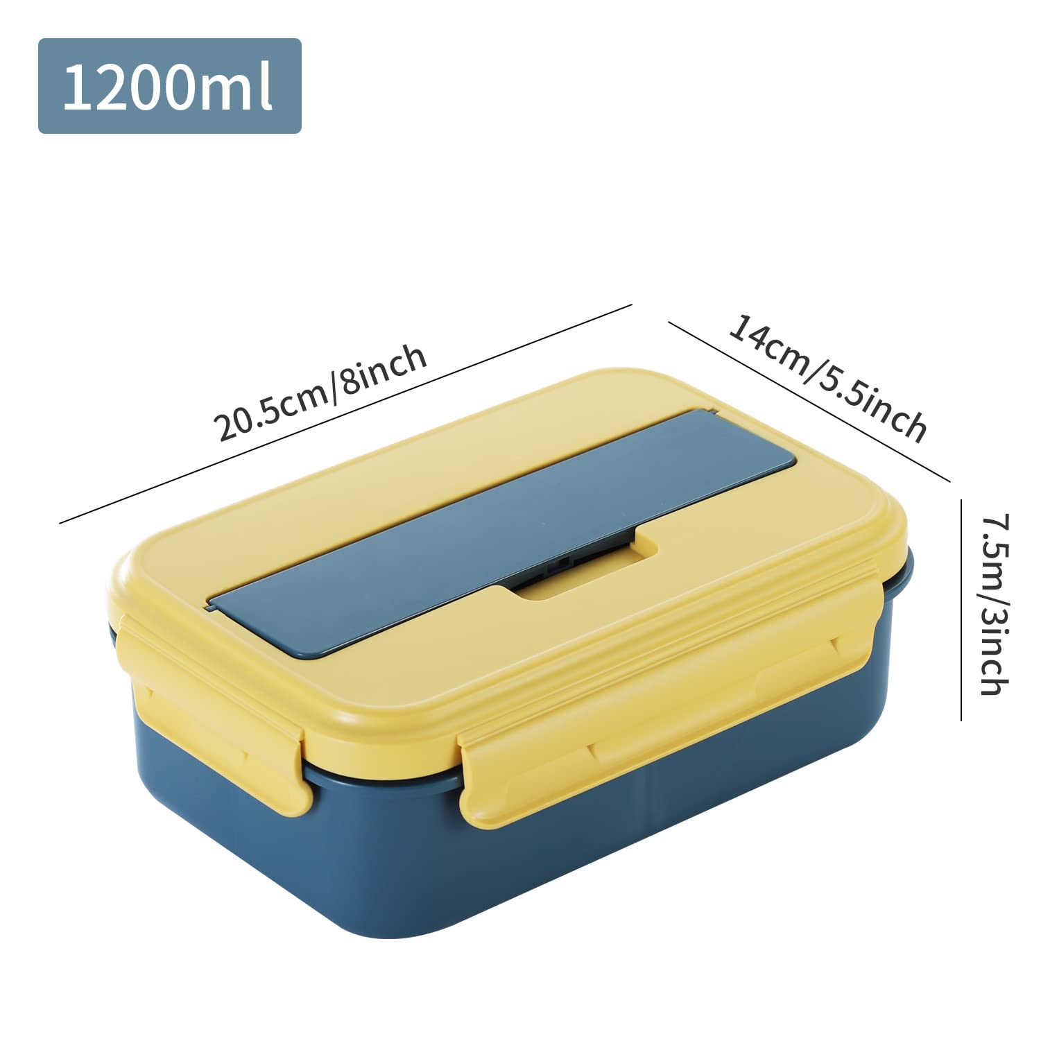 Healthy lunch packed in blue and yellow bento box with rice and fruit